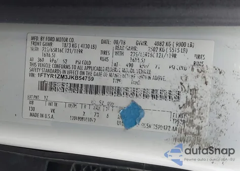 2018 Ford Transit-250 из США, поврежденный, VIN 1FTYR1ZM3JKB54759